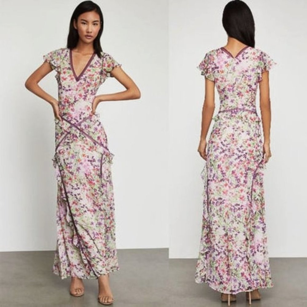 *NWT* BCBGMaxAzria Floral Ruffled V-Neck Gown with Short Flutter Sleeves *Size 0